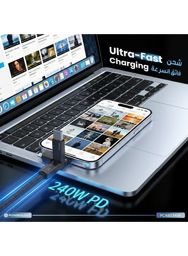 Powerology VION 4-in-1 Charging & data transfer cable 240W 1.2m, USB-C & HDMI, 4K @60Hz, 40Gbps Data Transfer Speed, Fast Charging , For iPhone 17 & 16, Samsung Galaxy, iPad, Laptop - Black - Image 3